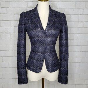 Elie Tahari Tweed Boucle Blazer Jacket Navy Black Silver 0